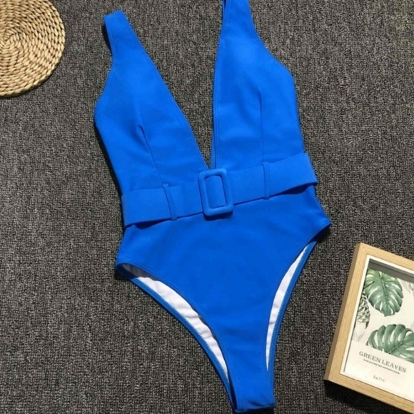 New Blue Belted Plunge V-neck One piece Swimsuit Size L - Picture 5 of 6